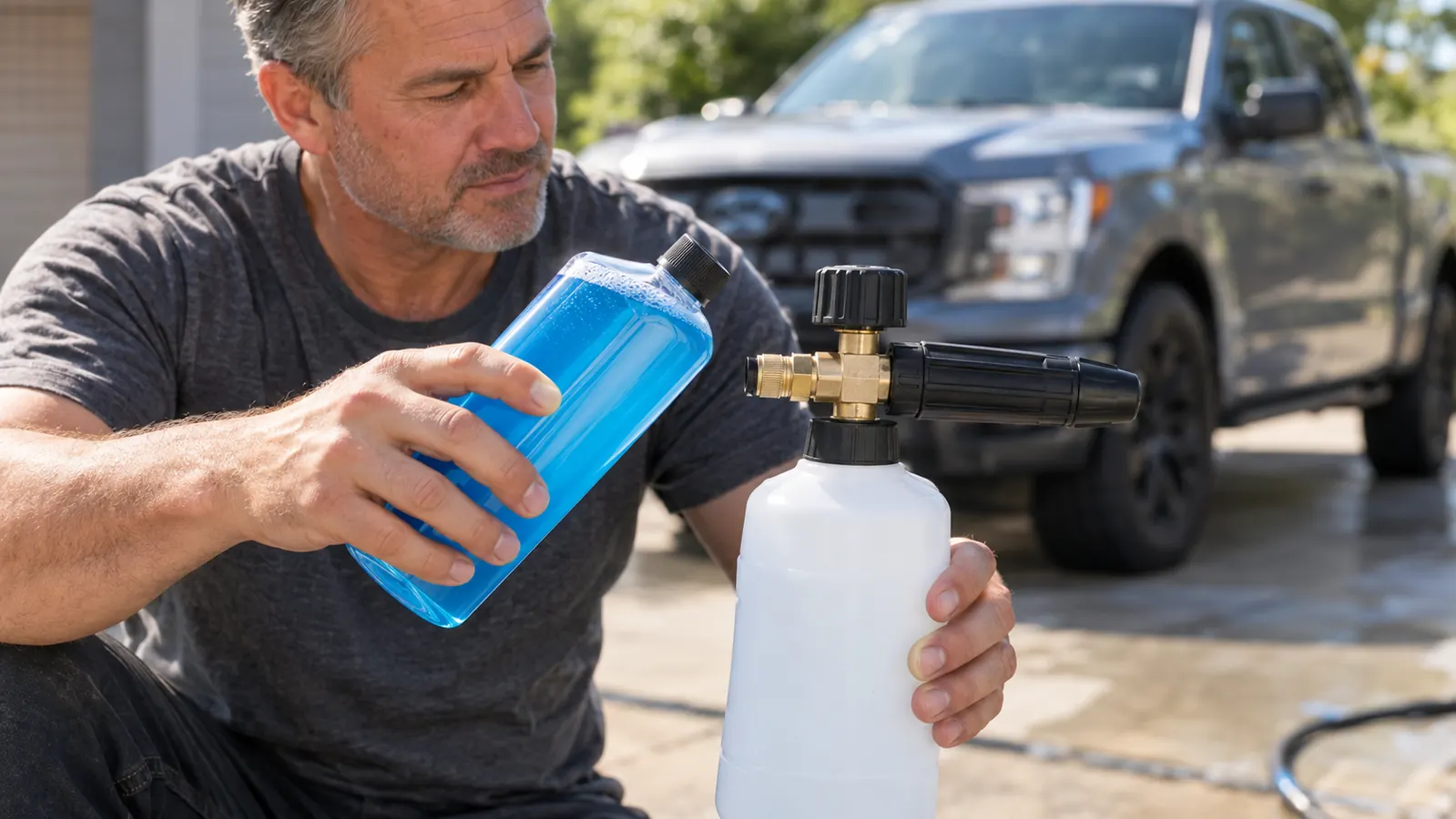 a person's hand holding a bottle of car wash soap next to a foam cannon on a driveway, a pickup truck blurred in the background