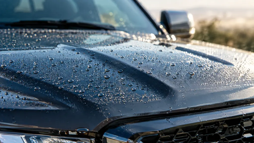 close-up of water beading into small droplets on a truck hood after a rinse
