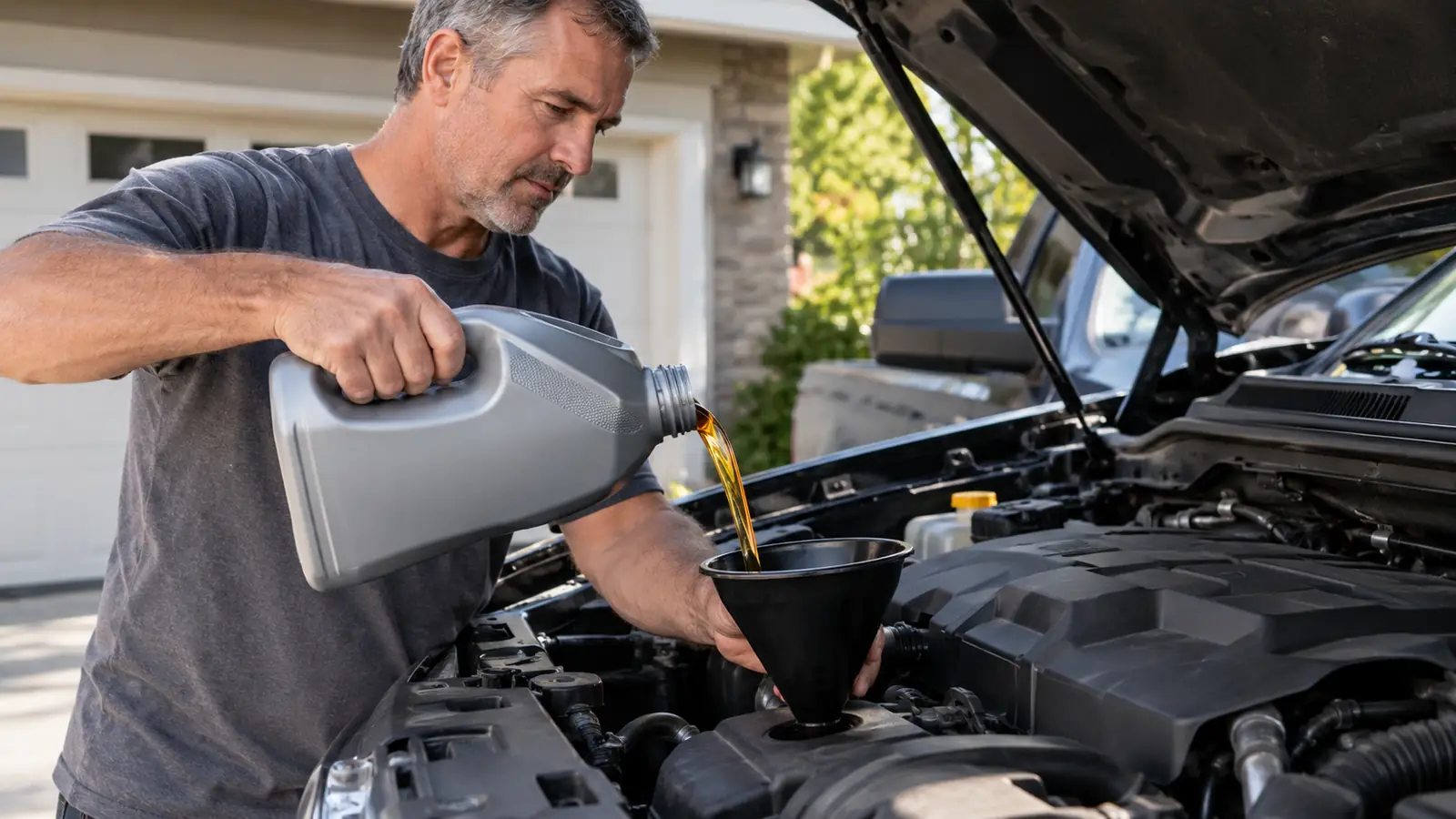 A mechanic's hands pouring motor oil from a bottle into an engine's oil fill port