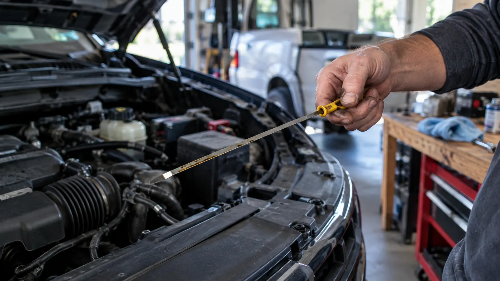A mechanic checking the oil level on a dipstick beside an open engine bay