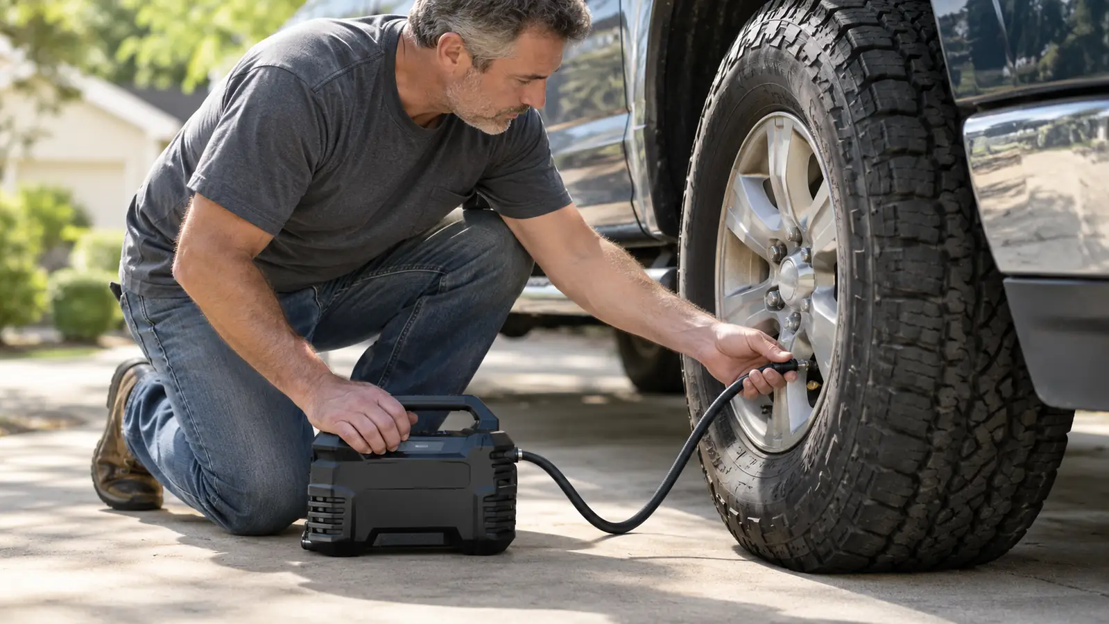 A hand attaching a tire inflator hose to a truck tire valve on a sunny driveway