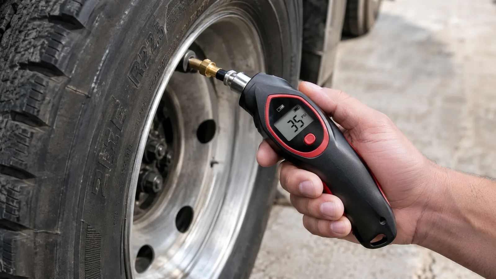 A tire pressure gauge showing 35 PSI held over a truck tire