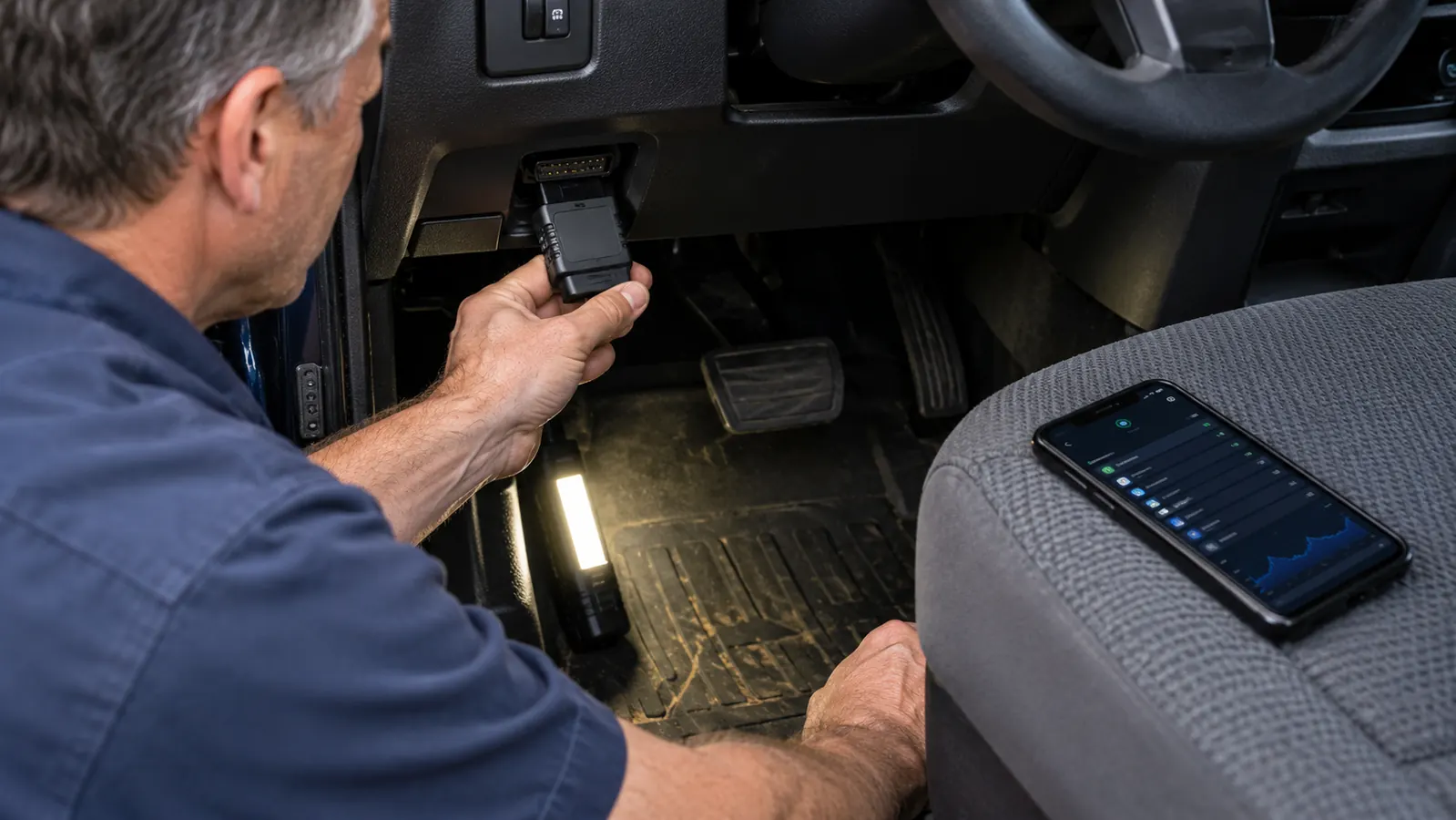 A mechanic's hands plugging an OBD2 scanner into the port under the dash