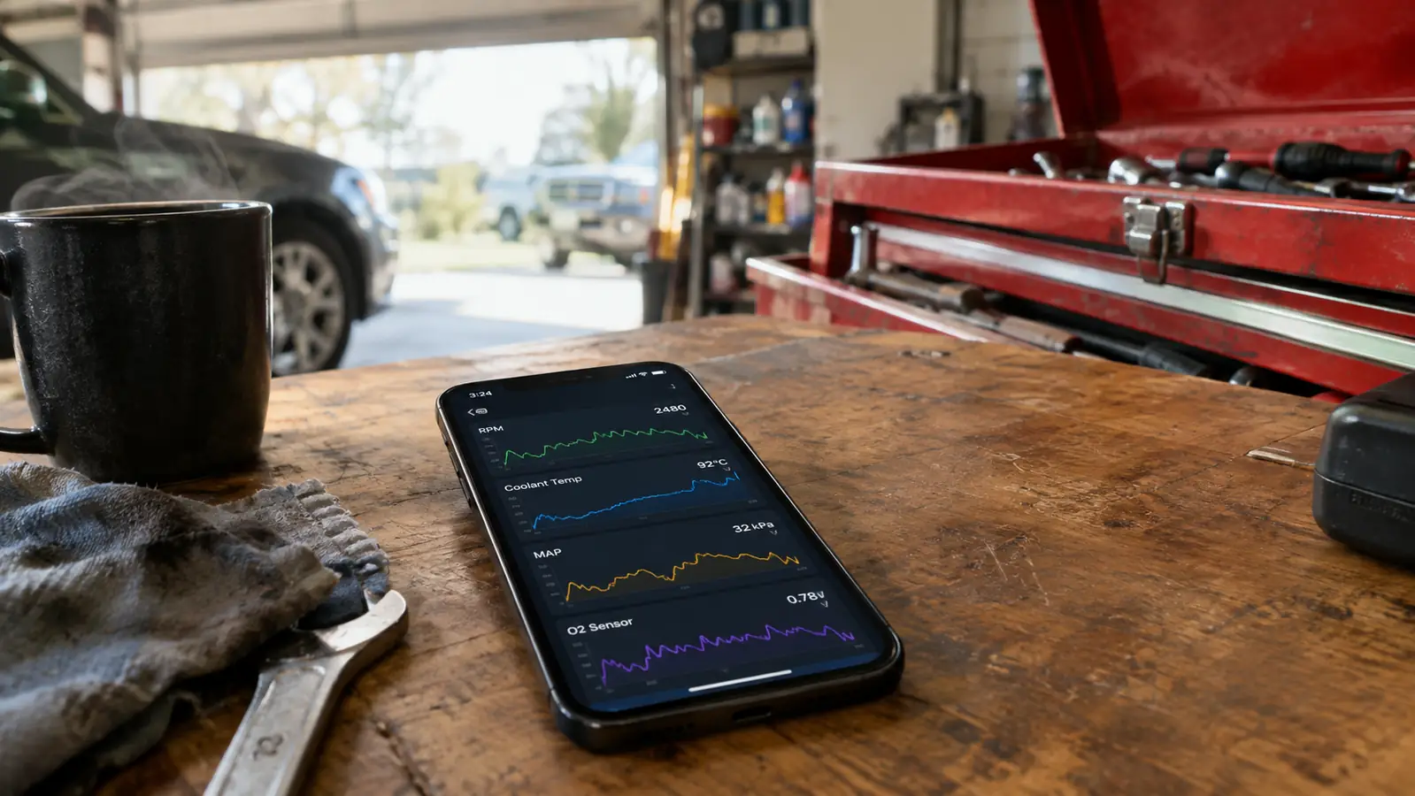 A smartphone on a workbench showing live sensor graphs in a two-car garage