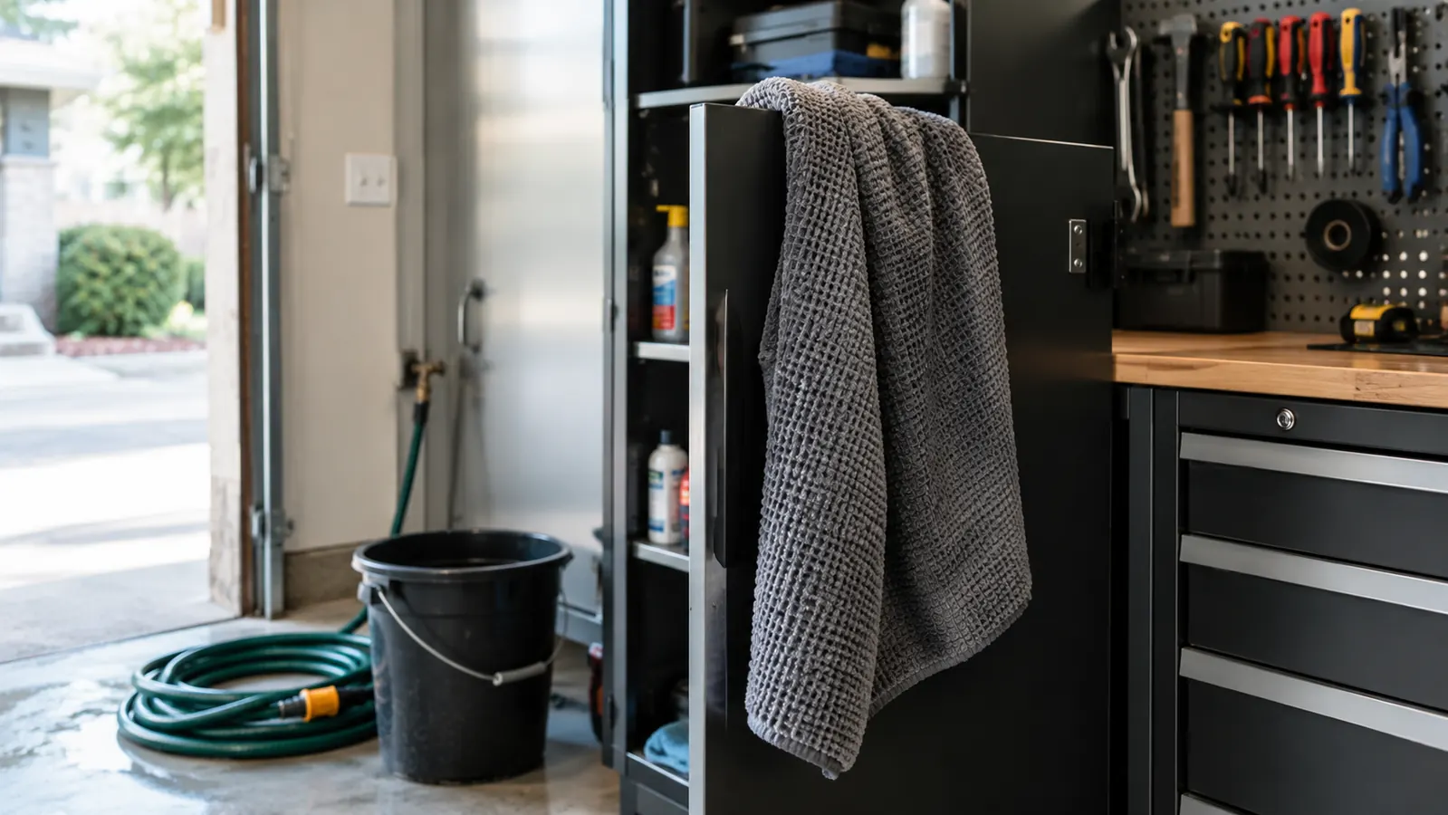 A waffle weave drying towel hanging over a garage cabinet to air dry
