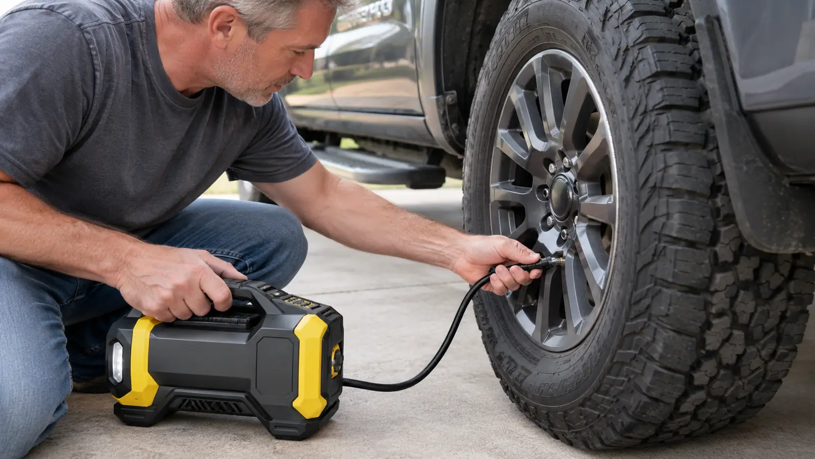 A mechanic's hands connecting a portable tire inflator to a pickup truck's tire valve