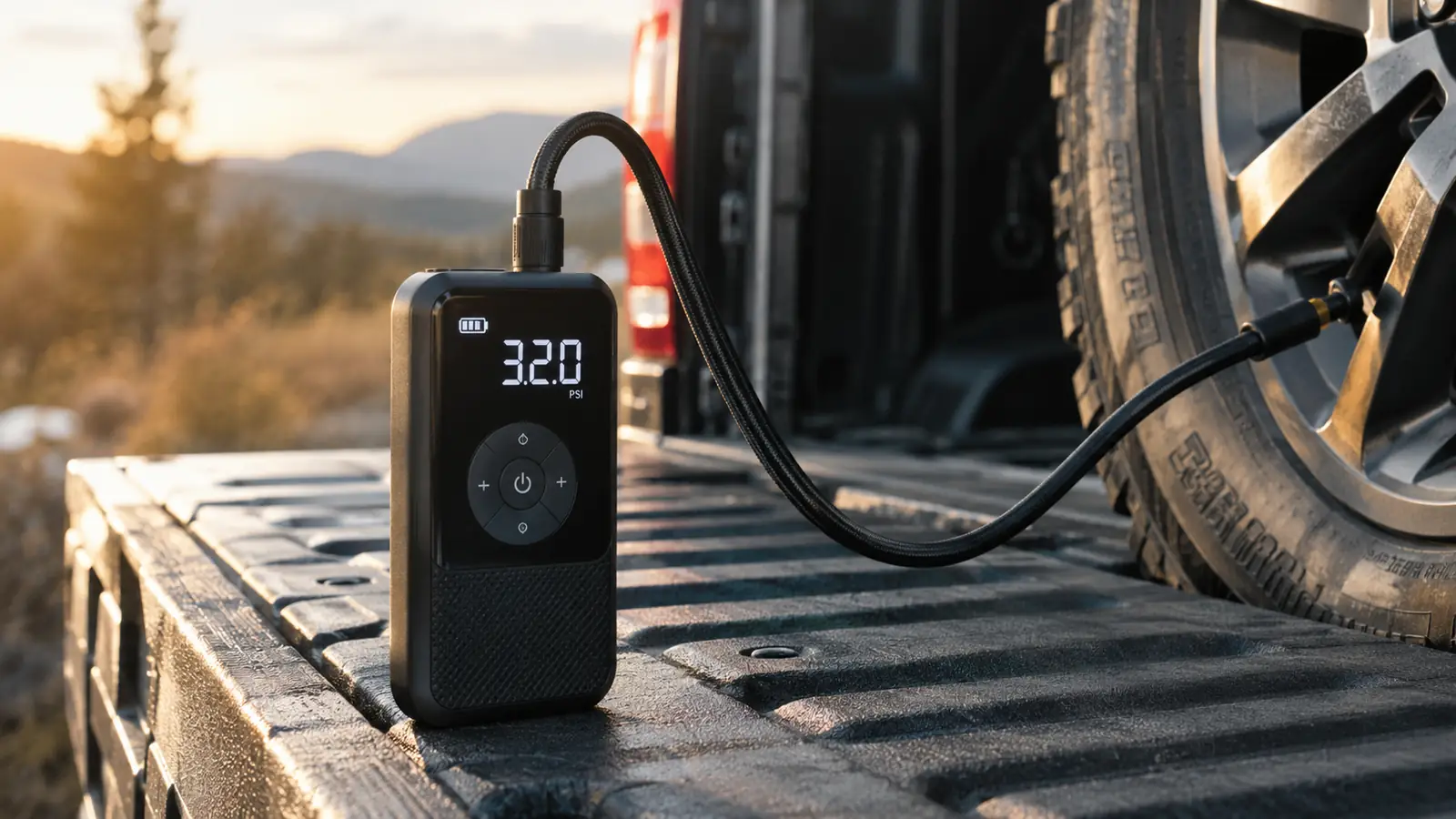 A portable tire inflator with a digital gauge sitting on a pickup truck tailgate