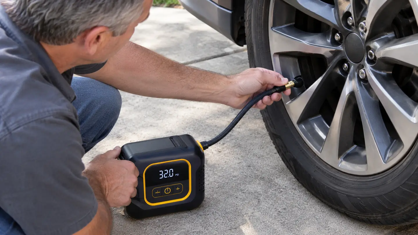 A hand attaching an inflator hose connector to a tire valve stem beside a pickup truck.
