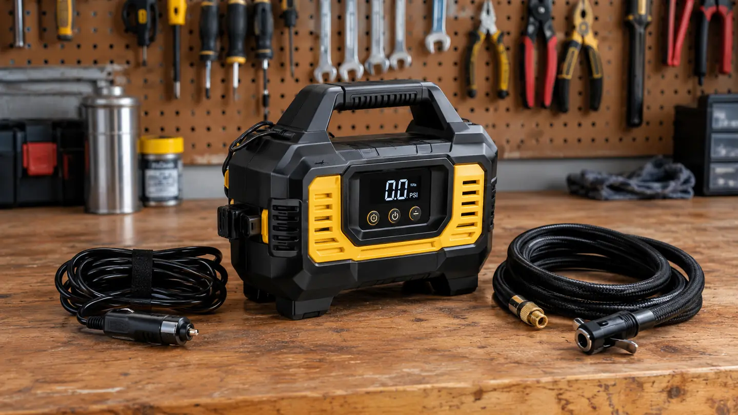 A portable tire inflator resting on a garage workbench with its power cord and air hose coiled beside it.