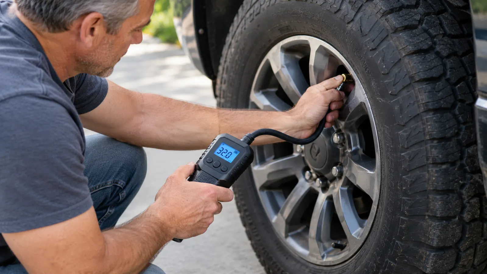 A mechanic's hands attaching the inflator hose to a tire valve stem on a pickup truck