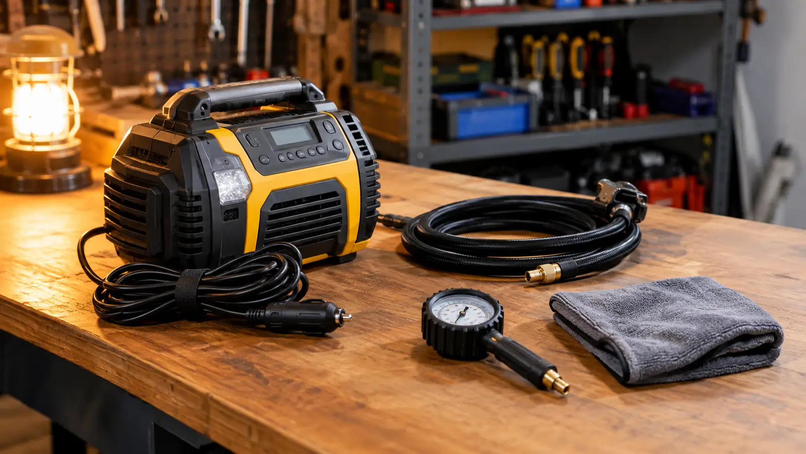 A portable tire inflator with its cord and hose coiled on a garage workbench next to a tire pressure gauge and a shop towel