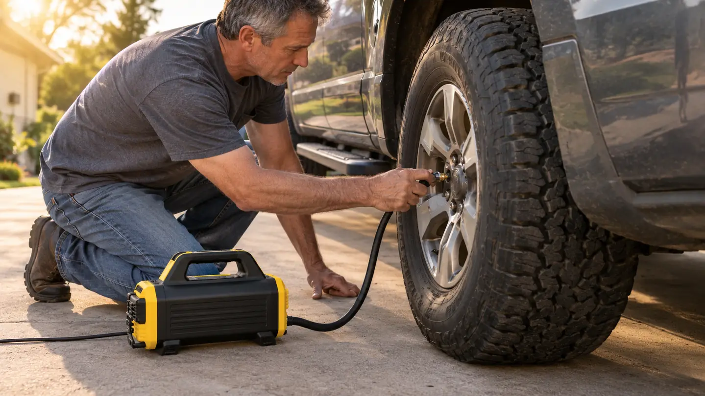 Hand attaching an inflator hose to a pickup truck tire valve in a driveway