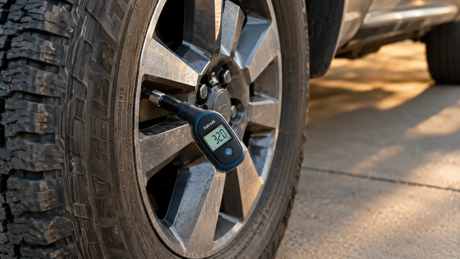 Digital tire pressure gauge clipped to a pickup truck tire valve stem