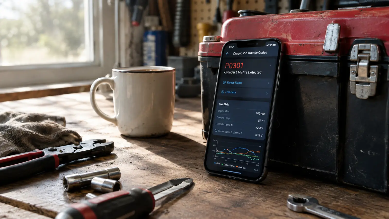A smartphone propped on a workbench in a garage, screen showing a diagnostic readout, tool chest behind it