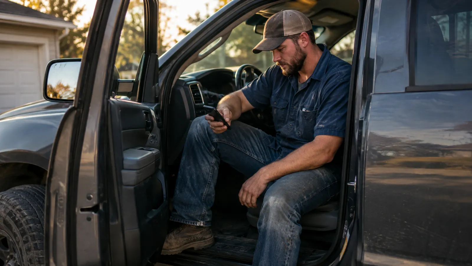 a mechanic sitting in the driver's seat of a pickup truck with a phone in hand, the door open