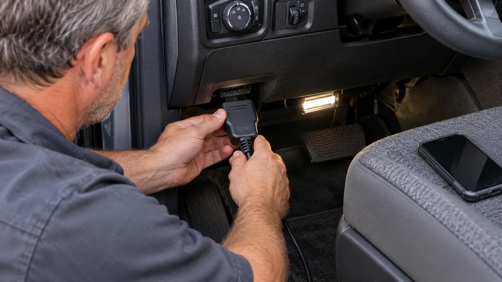 a mechanic's hands plugging an OBD2 scanner into the diagnostic port under a pickup truck dashboard
