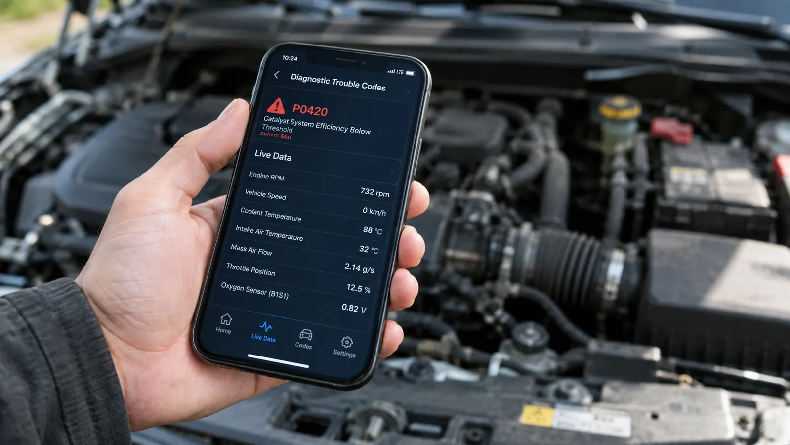 a smartphone showing a car diagnostic app with a code on the screen, held over an open engine bay