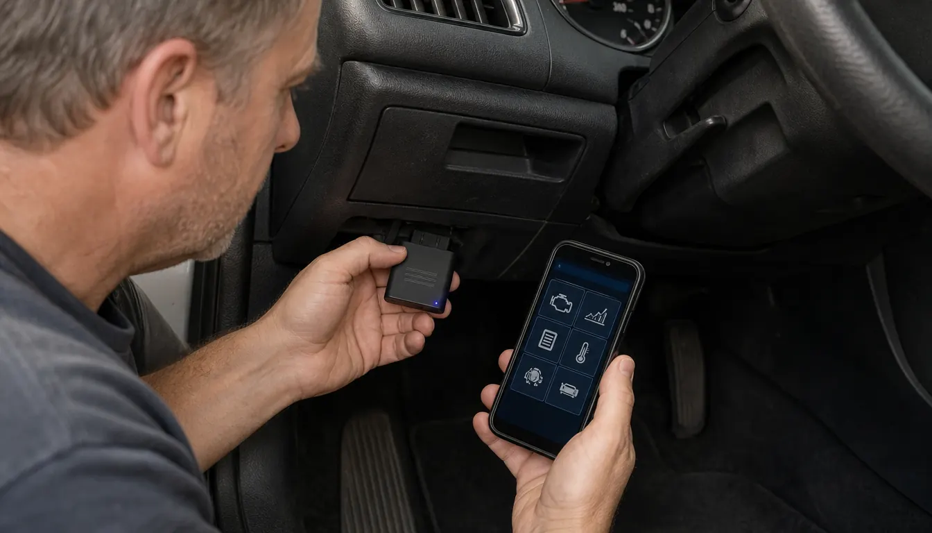 A hand holding a Bluetooth OBD2 scanner beside a phone showing diagnostic data
