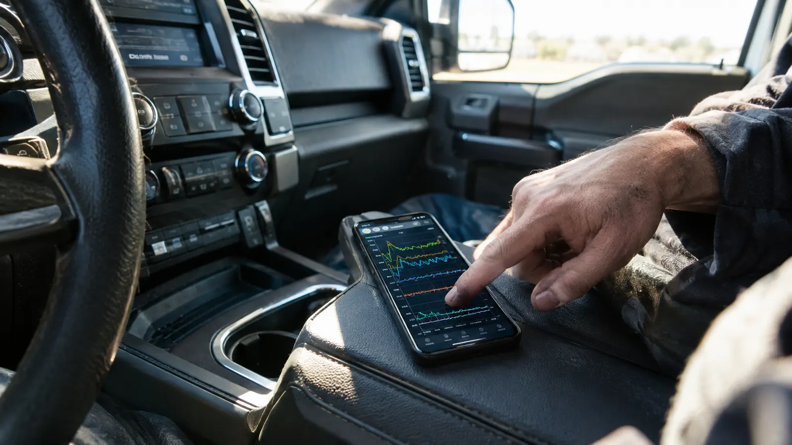 A phone on a pickup truck's center console showing a diagnostic graph with a hand pointing at it