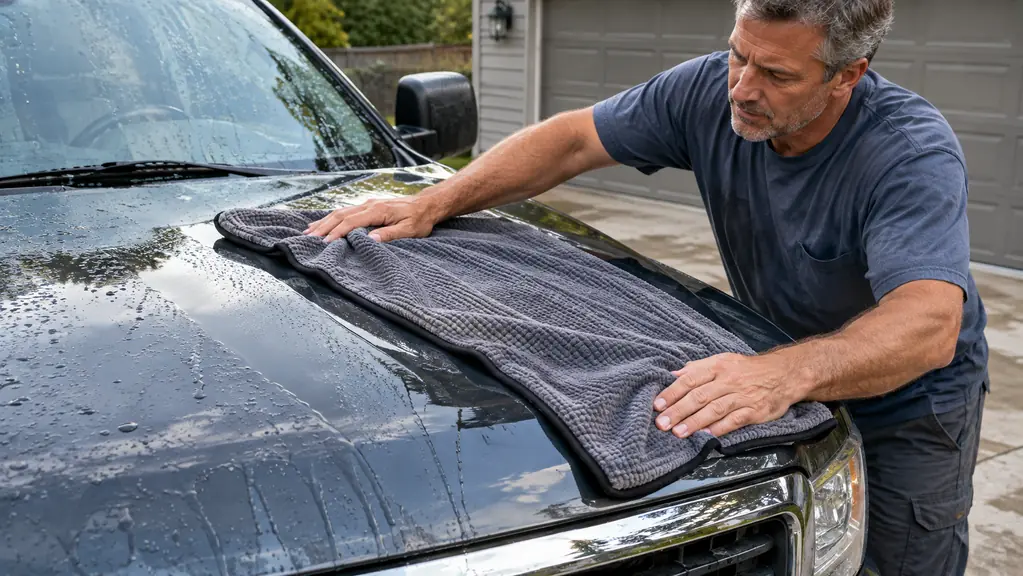 A mechanic's hands drying a pickup truck hood with a large waffle weave microfiber towel