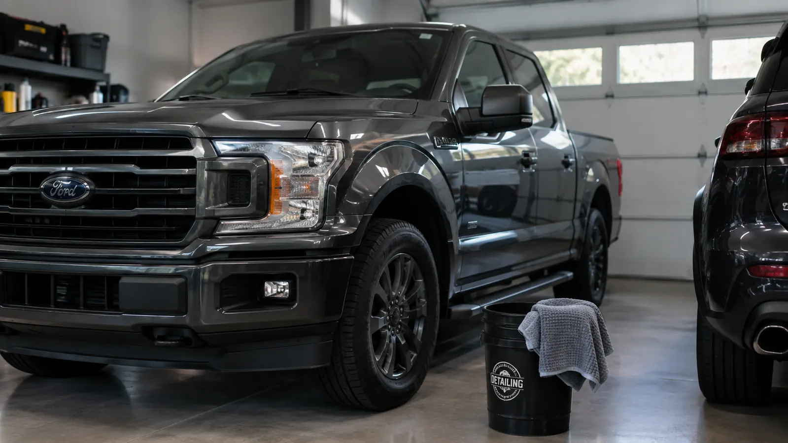 A pickup truck parked in a garage with a drying towel folded over a bucket