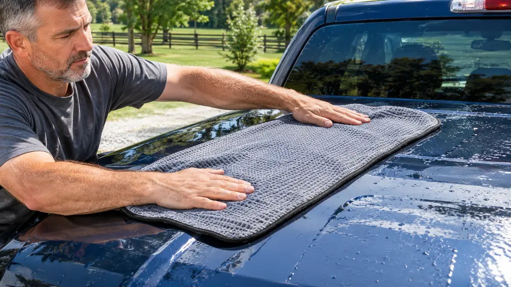 Hands drying the roof of a pickup truck with a waffle weave microfiber towel