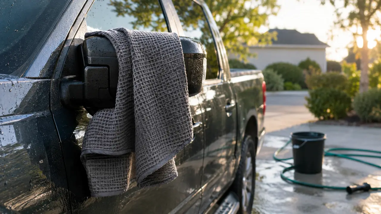 A waffle weave drying towel draped over the side mirror of a pickup truck after a wash