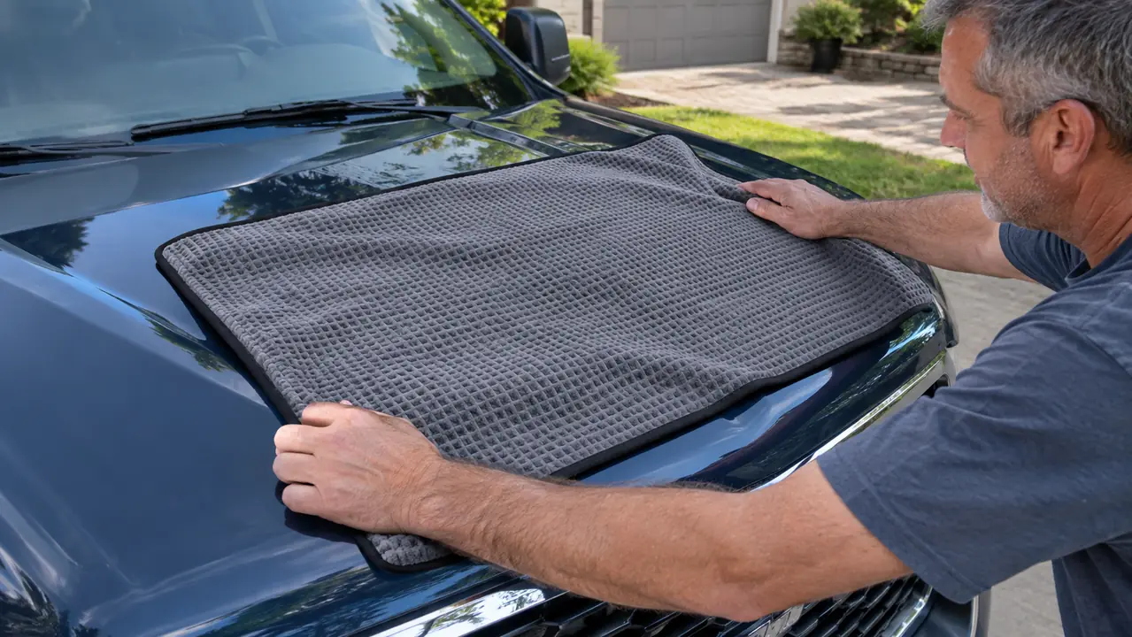 A mechanic's hands laying a large waffle weave drying towel flat on a truck hood and pulling it slowly across the paint