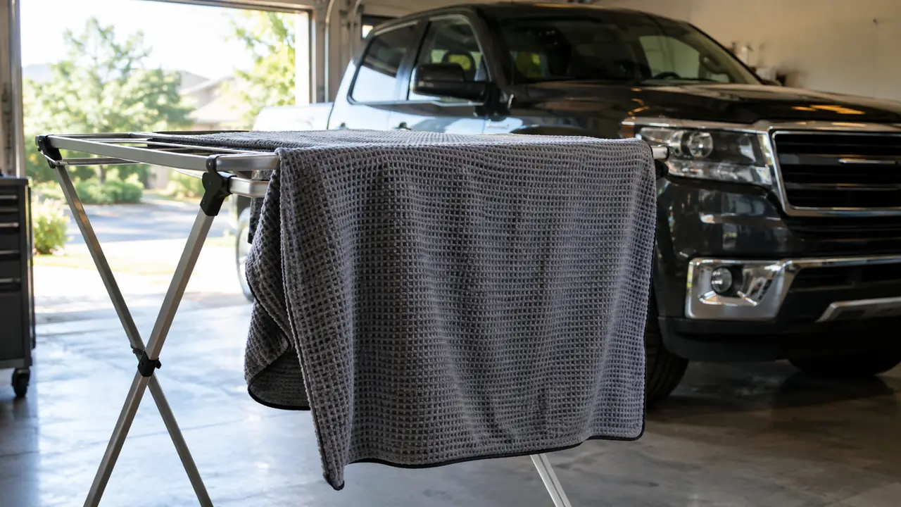 A large waffle weave drying towel hanging over a rack in a two-car garage with a pickup truck parked behind it
