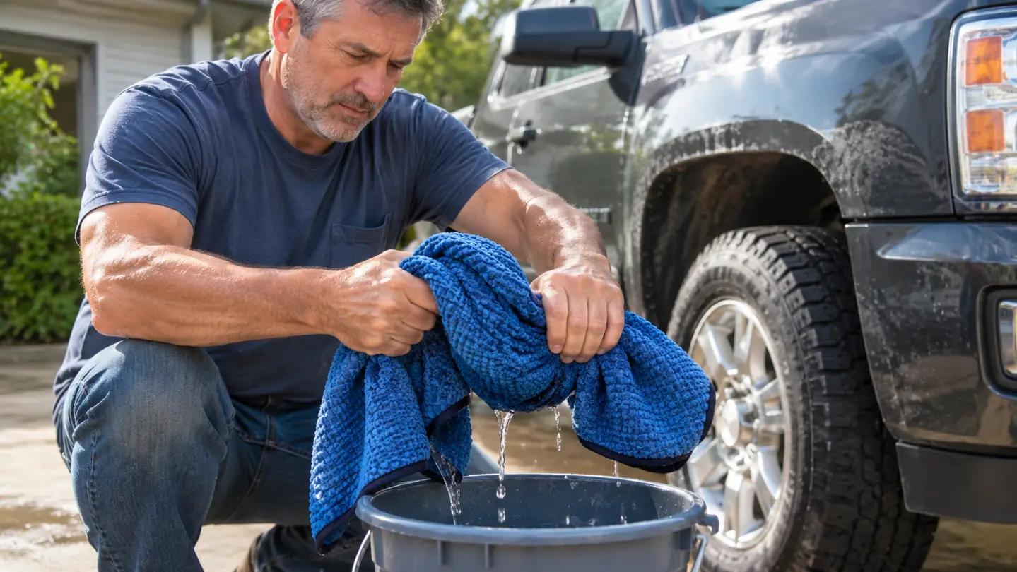 A mechanic's hands folding a waffle weave microfiber drying towel over a bucket next to a pickup truck