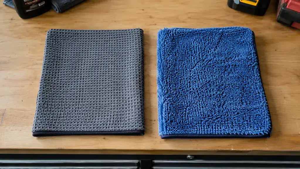 A waffle weave drying towel and a thick twisted loop drying towel laid side by side on a workbench