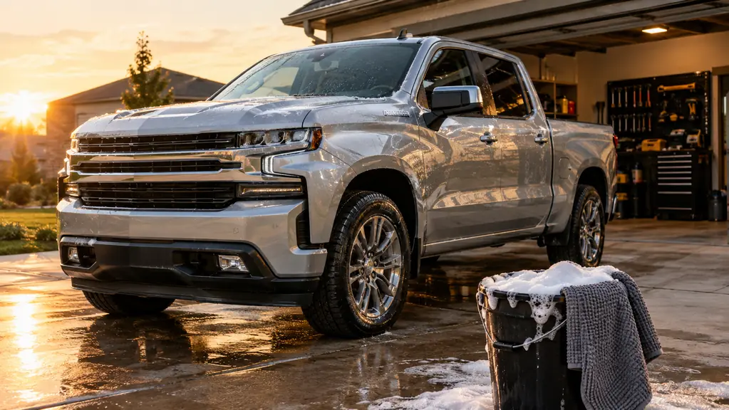 A clean silver pickup truck in a home driveway with a wash bucket, foam soap suds and microfiber towels on the concrete