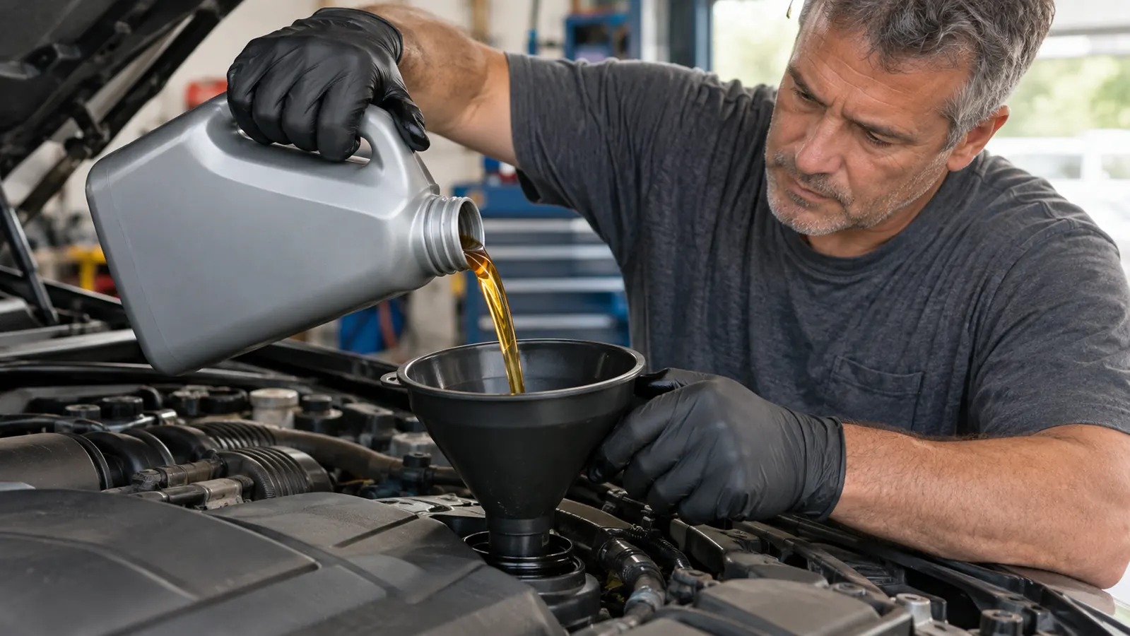Hands in nitrile gloves pouring motor oil through a funnel into an engine.