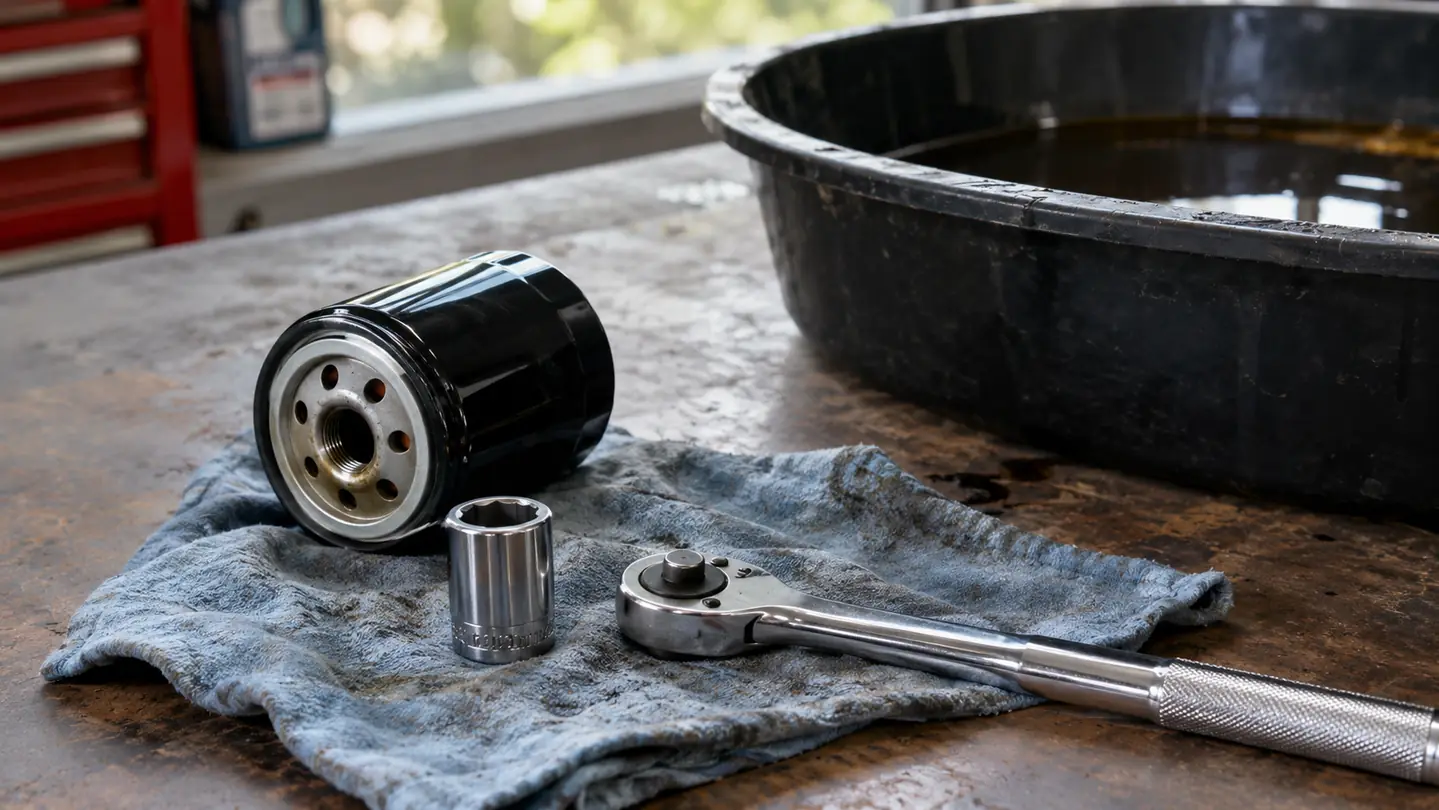 A new oil filter and a socket wrench laid out on a shop rag on a workbench.