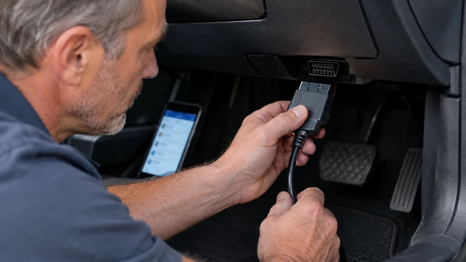 A hand plugging the BlueDriver adapter into the diagnostic port under a truck dashboard