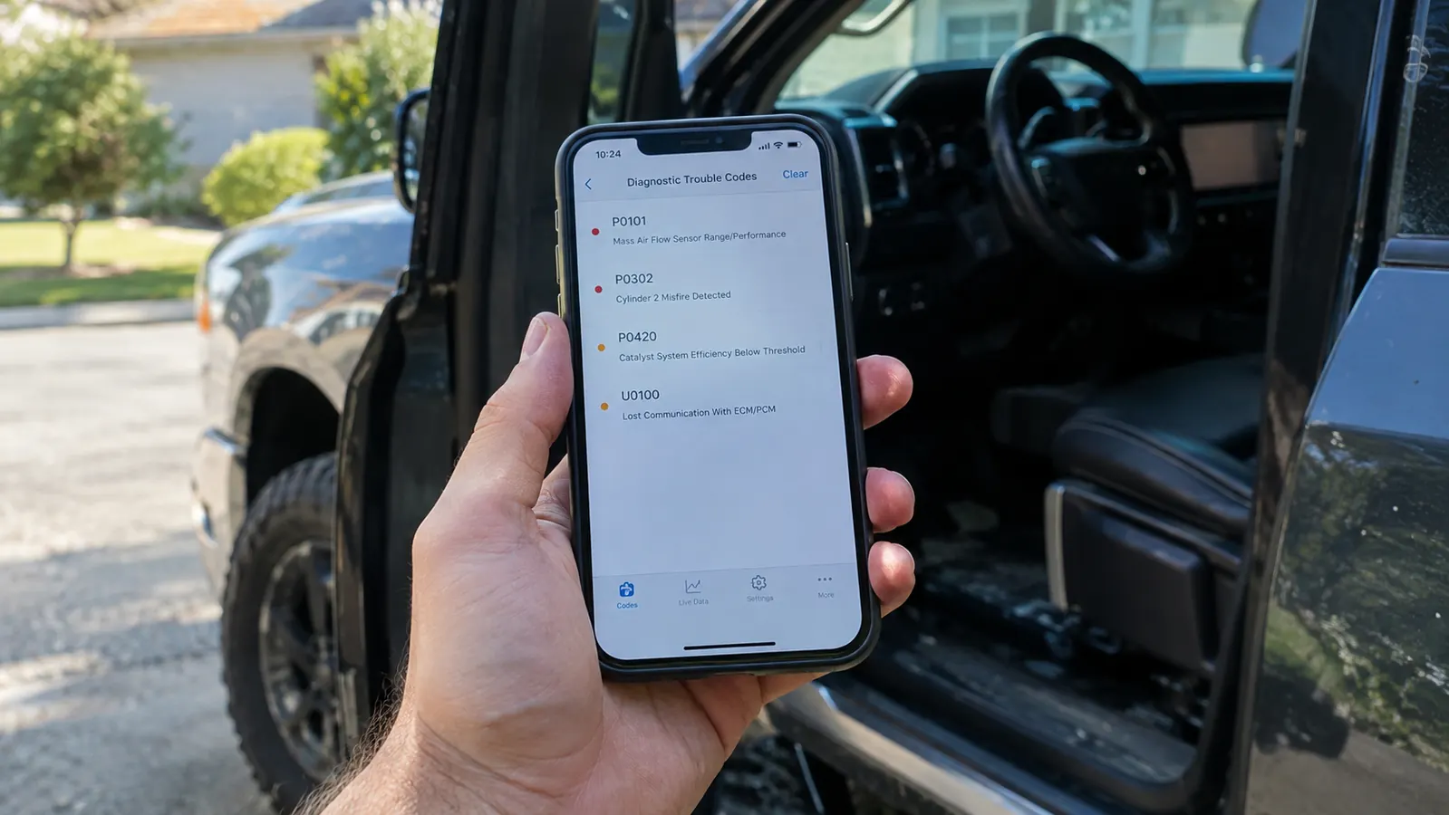 A hand holding a smartphone beside an open truck door, the screen showing a list of diagnostic trouble codes