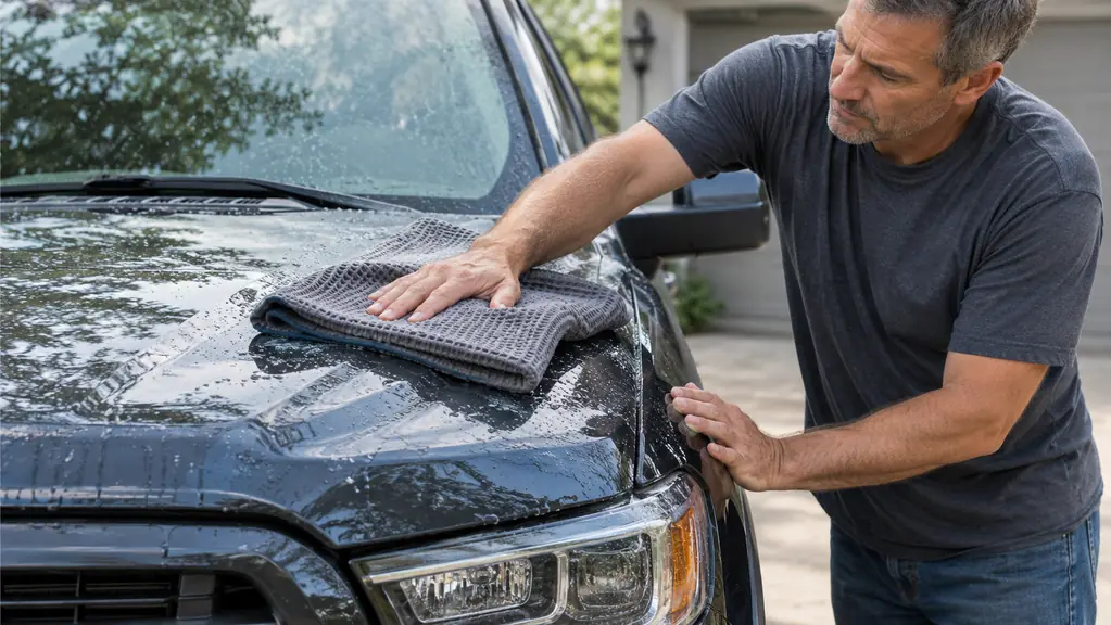 A hand dragging a large waffle weave microfiber towel across the wet hood of a pickup truck