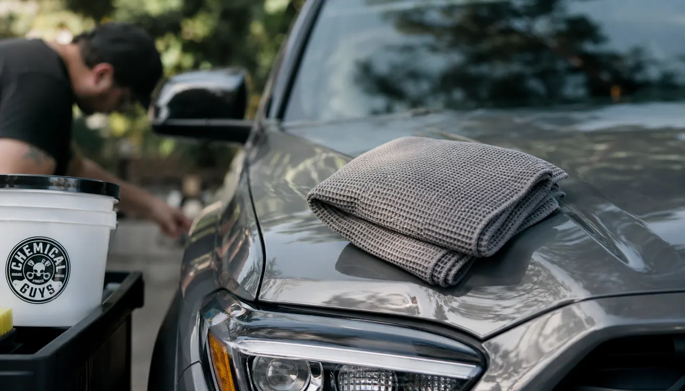 A waffle weave microfiber towel folded into quarters sitting on a clean truck hood in the shade