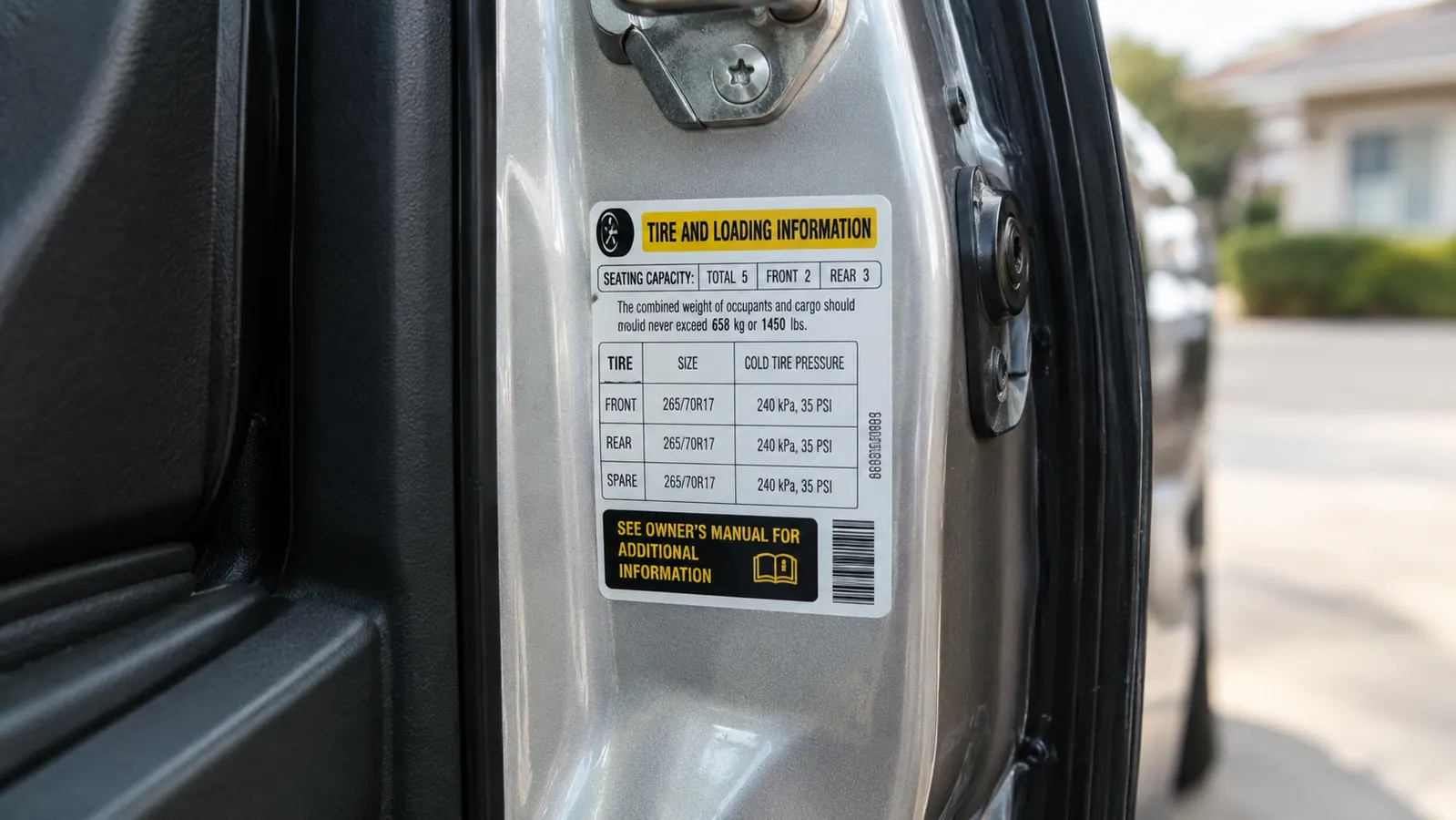 A close-up of a truck door jamb sticker showing the recommended tire pressure table