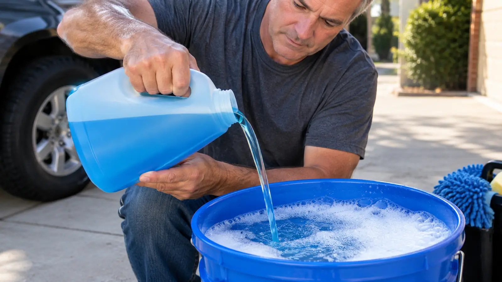 a mechanic's hands pouring car wash soap into a bucket of water
