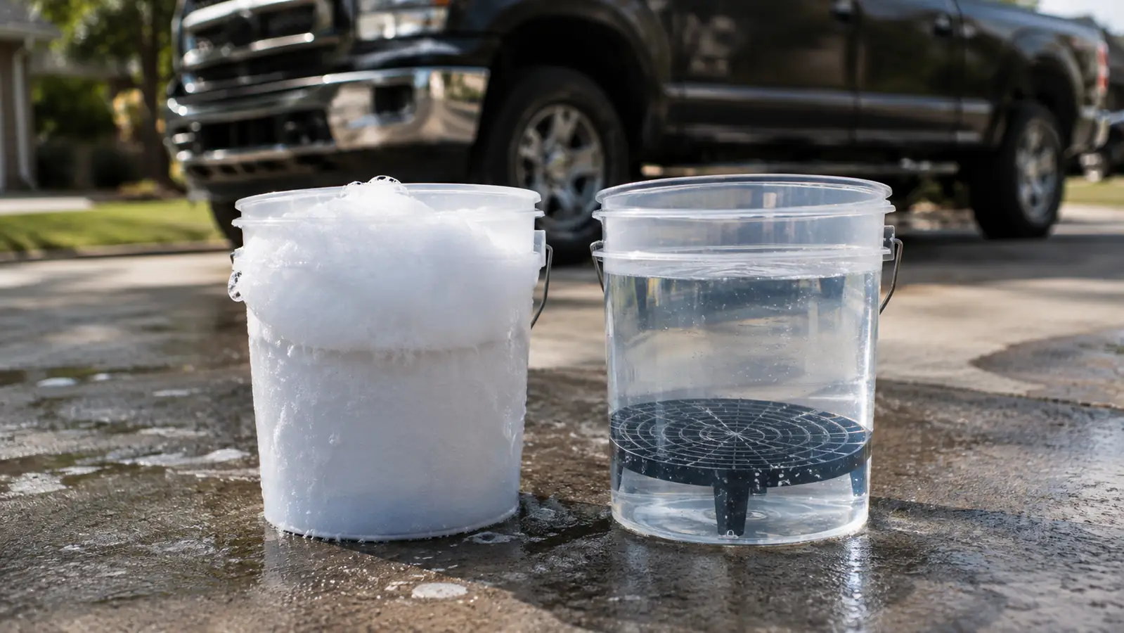 two wash buckets on a driveway, one with suds and one with clear water, a pickup truck in the background