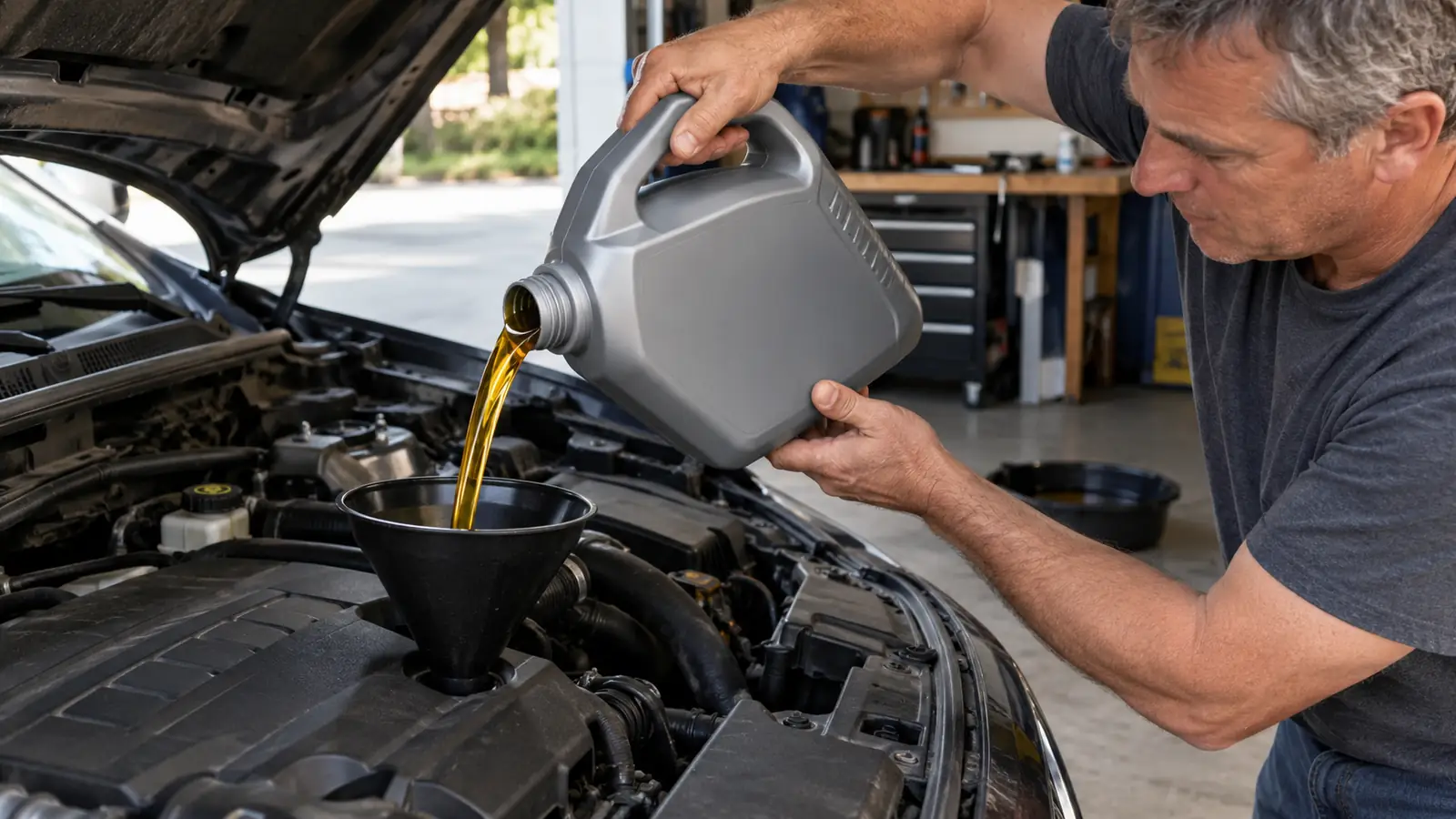 A hand pouring motor oil from a 5-quart jug through a funnel into the top of an engine