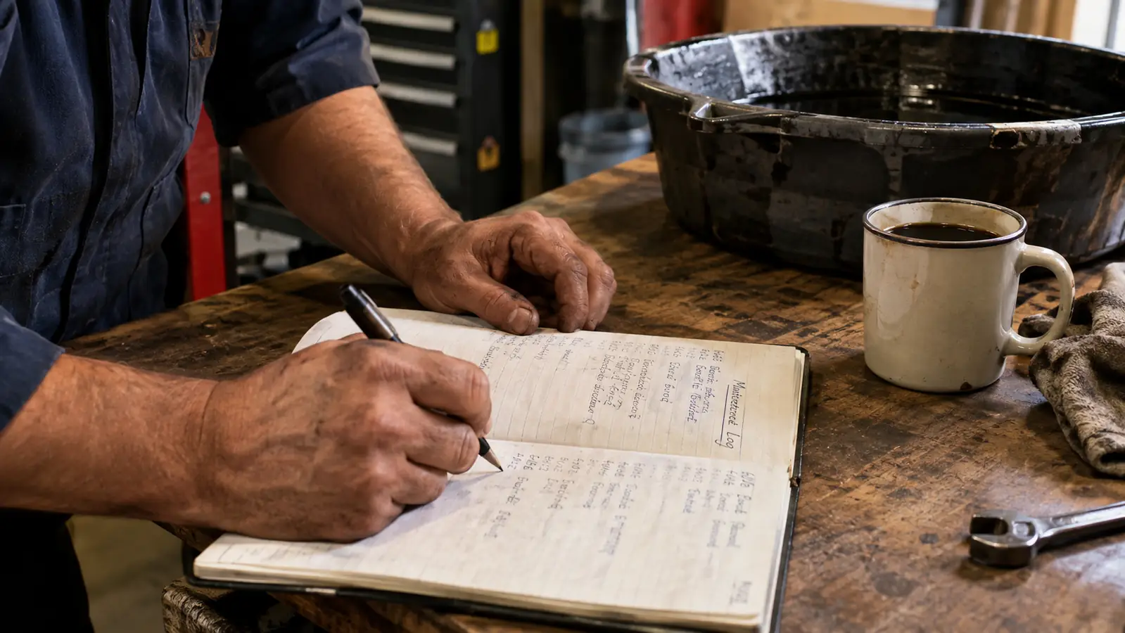 A mechanic writing oil change notes in a logbook on a workbench in a garage