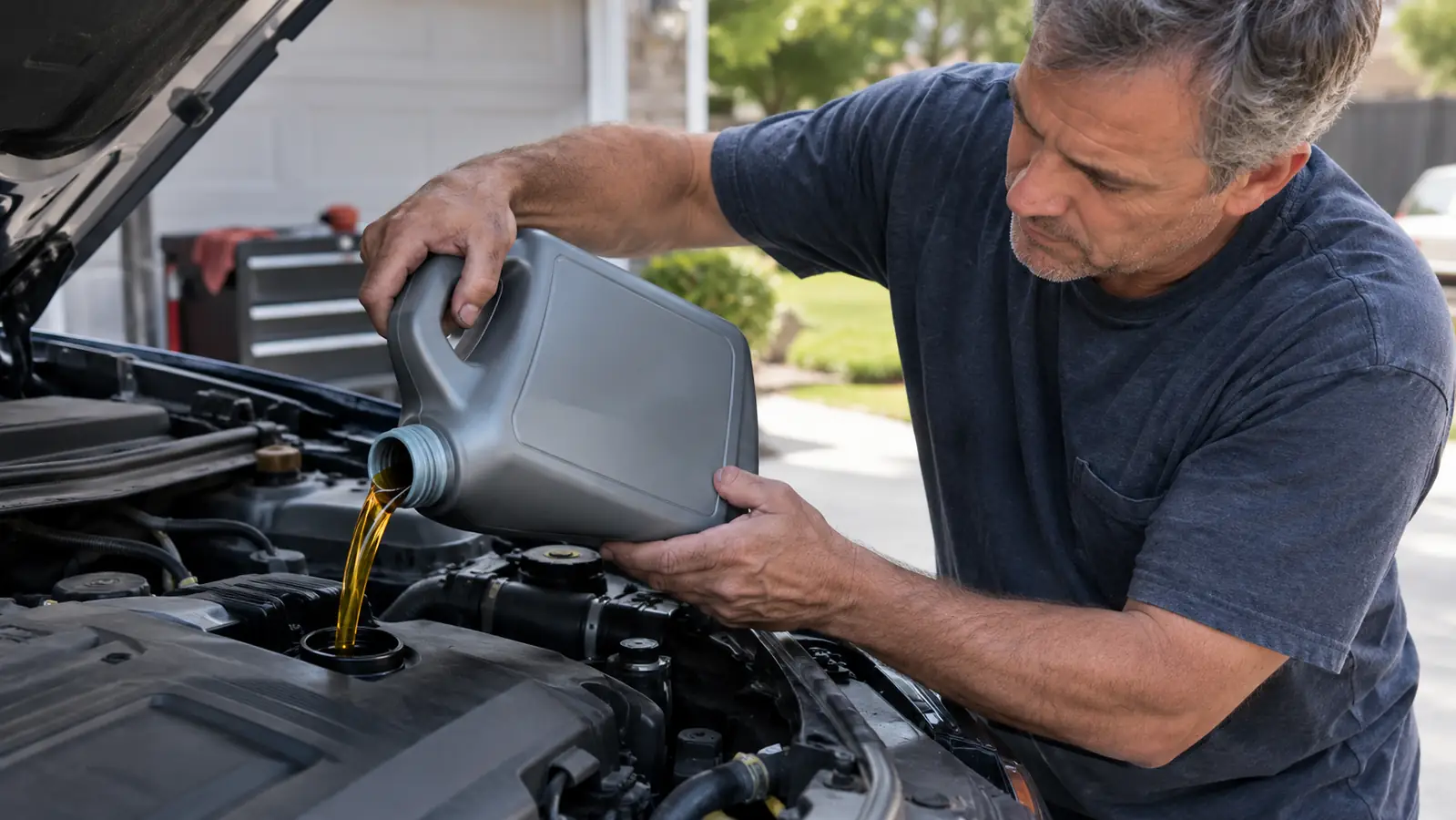 A mechanic's hands pouring motor oil into an engine, with the oil container in the frame
