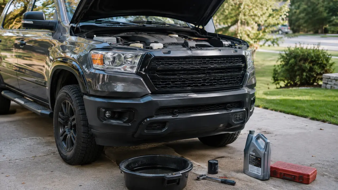 The open hood of a pickup truck in a driveway with oil change tools nearby