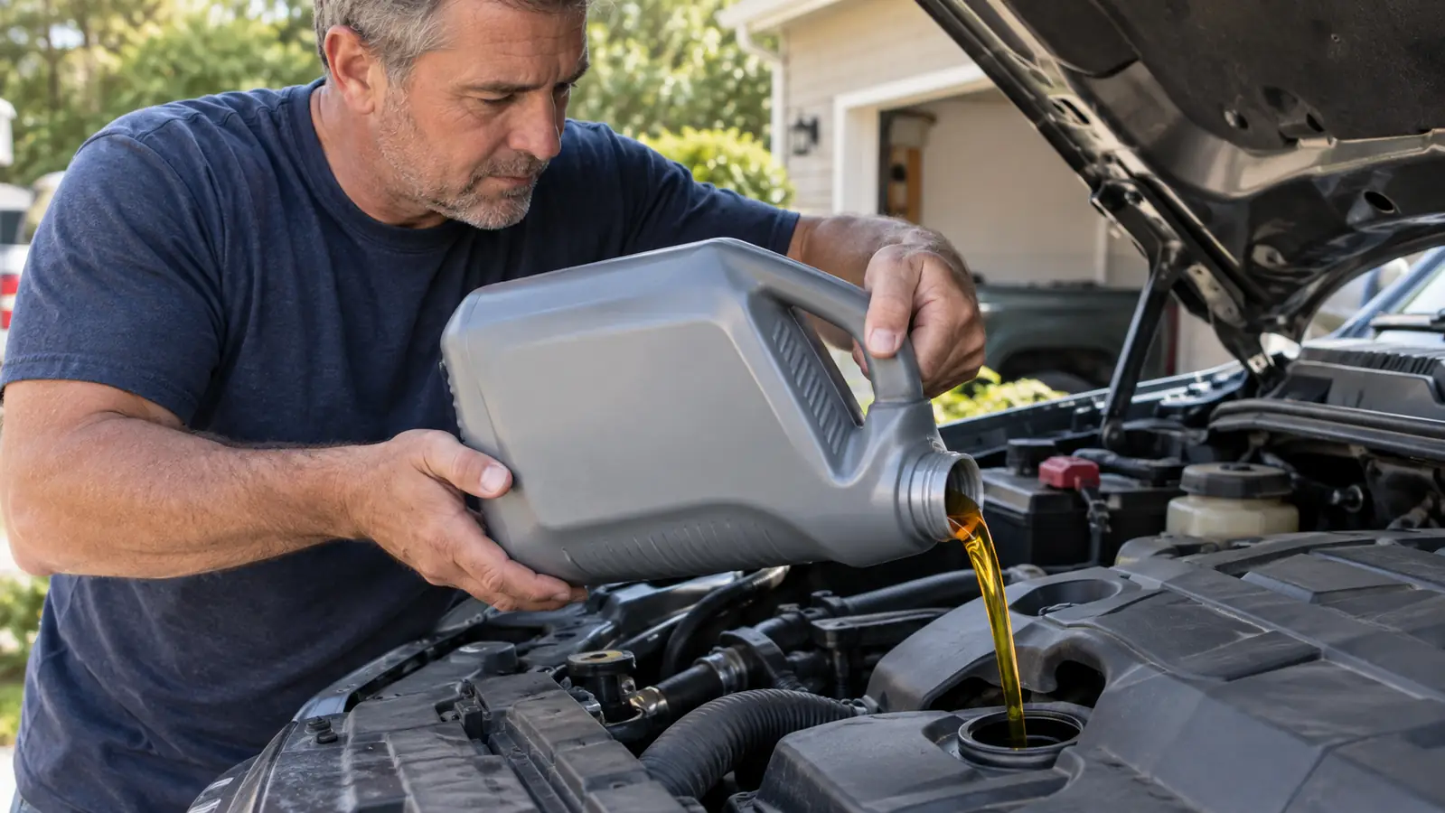 A hand pouring motor oil from a 5-quart jug into the oil fill opening of a pickup truck engine