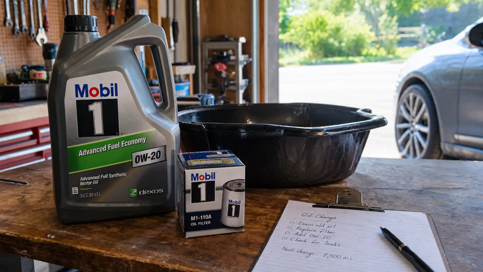A jug of motor oil and a new oil filter on a garage workbench with a drain pan and a clipboard nearby