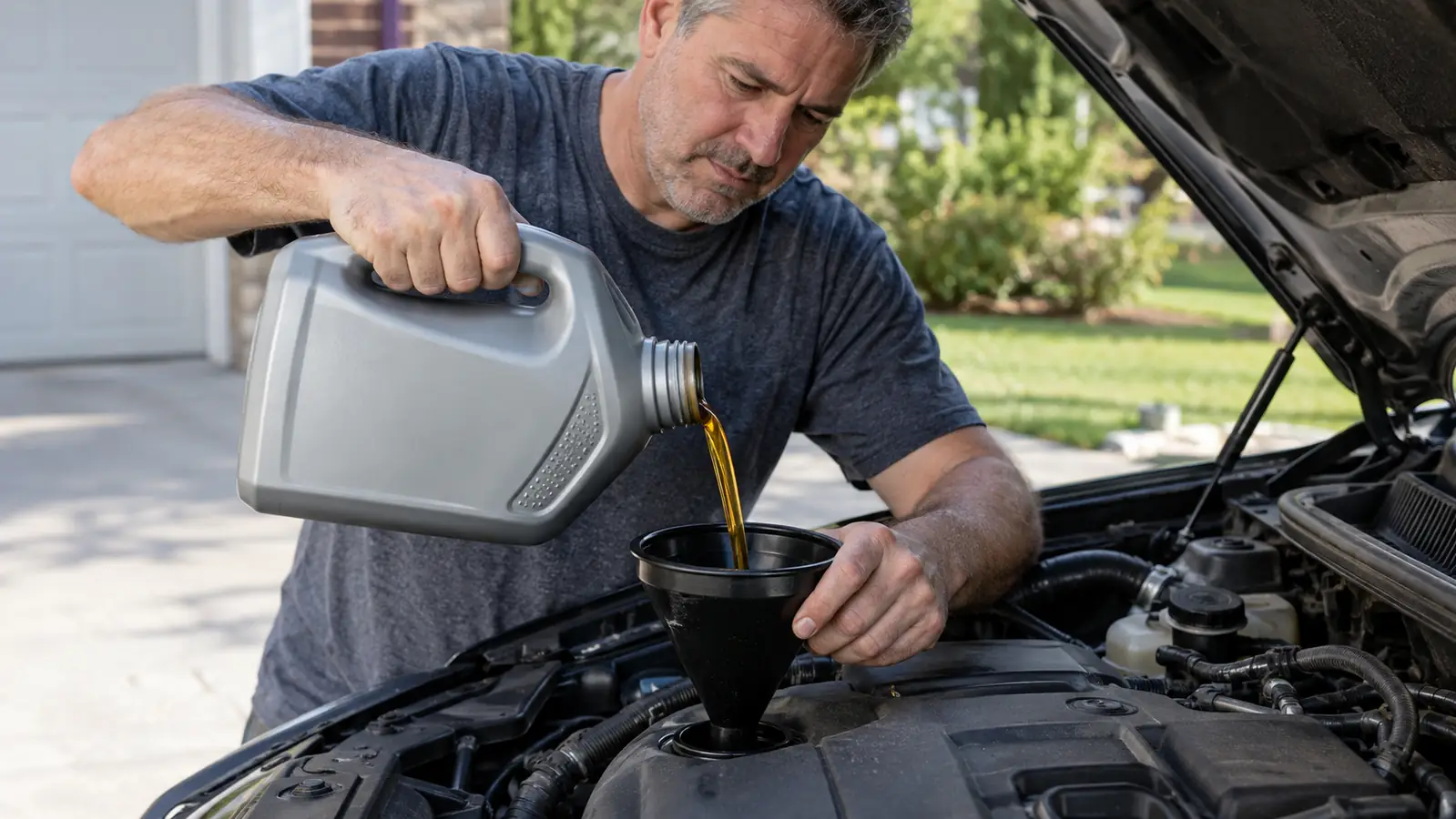 A mechanic pours motor oil from a jug into a funnel at an engine's oil fill opening