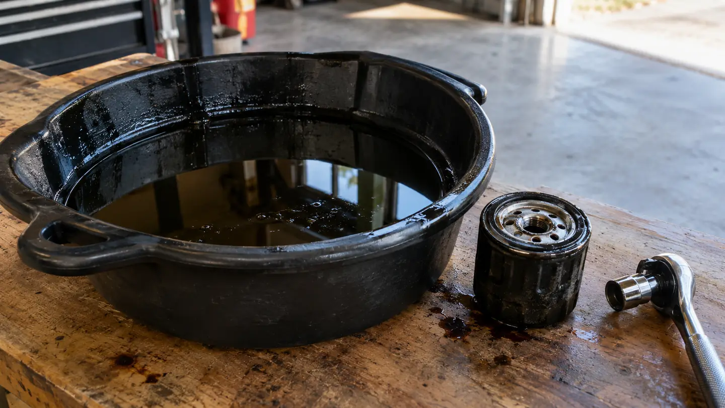 A drain pan holding dark used engine oil with a used oil filter and a socket wrench on a garage workbench