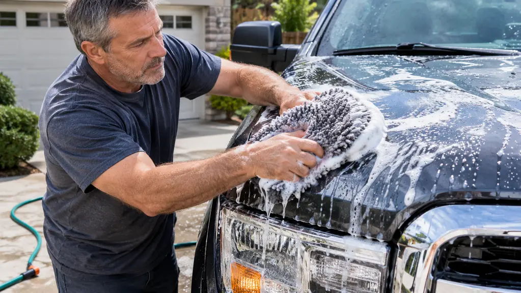 A mechanic's hands rinsing a wash mitt over the hood of a pickup truck, foam sliding off the panel